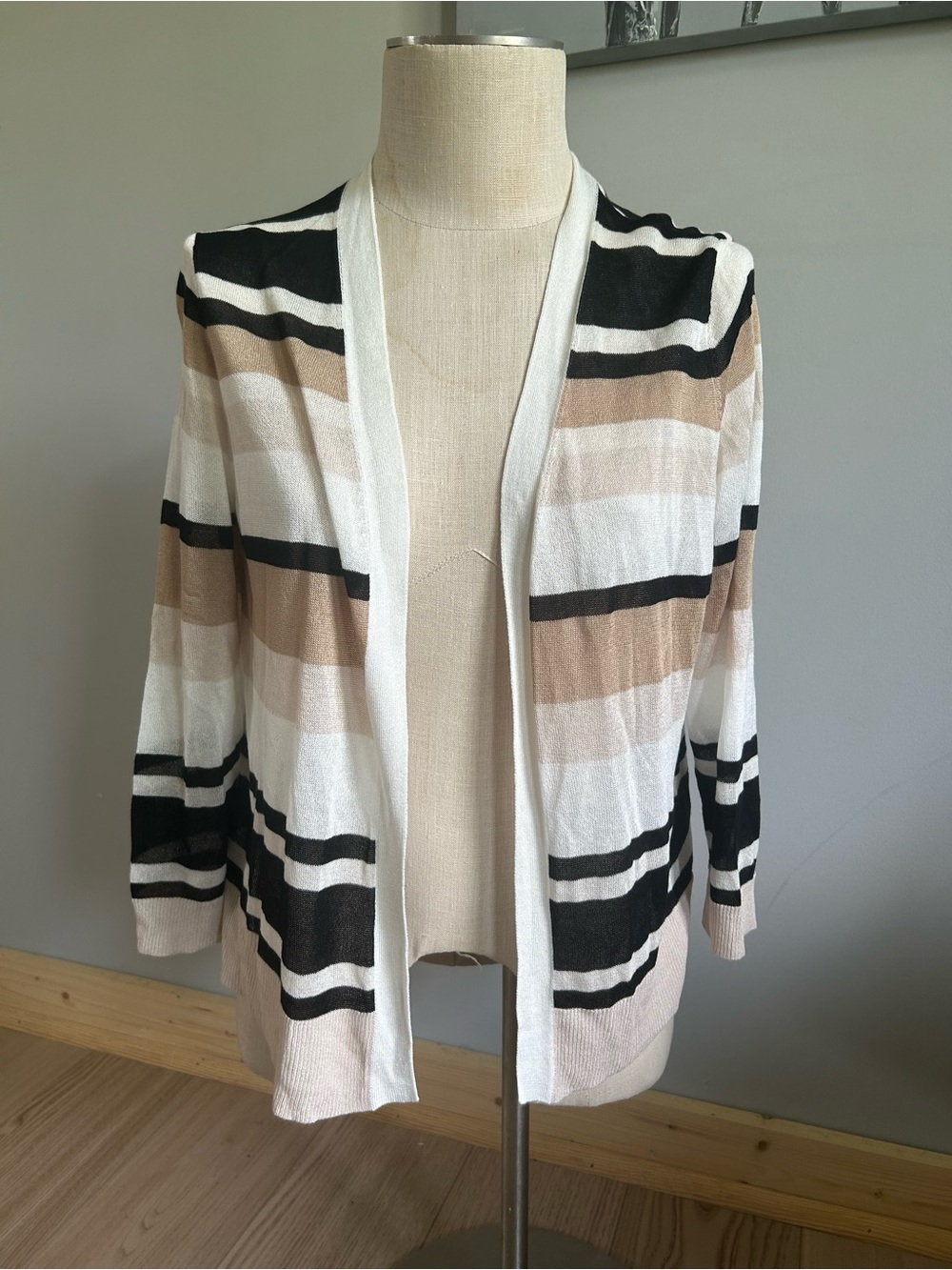 Striped Open-Front Women’s Cardigan Sweater in Black, Cream, and Tan